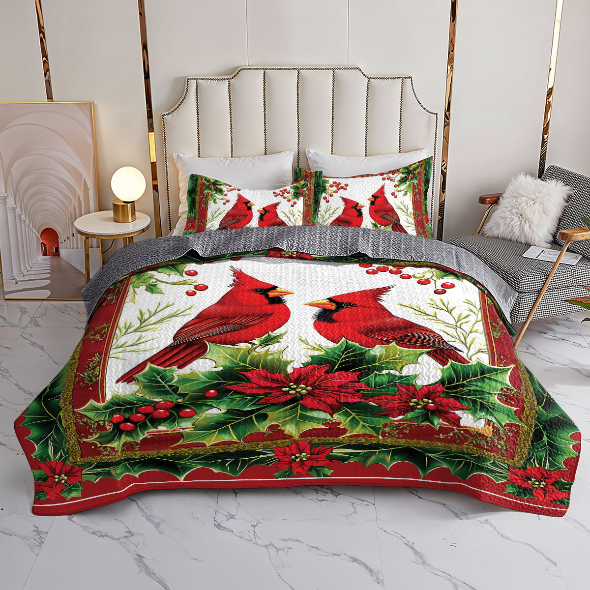 Shineful All Season Quilt 3-Piece Set - Winter Cardinals and Holly Christmas