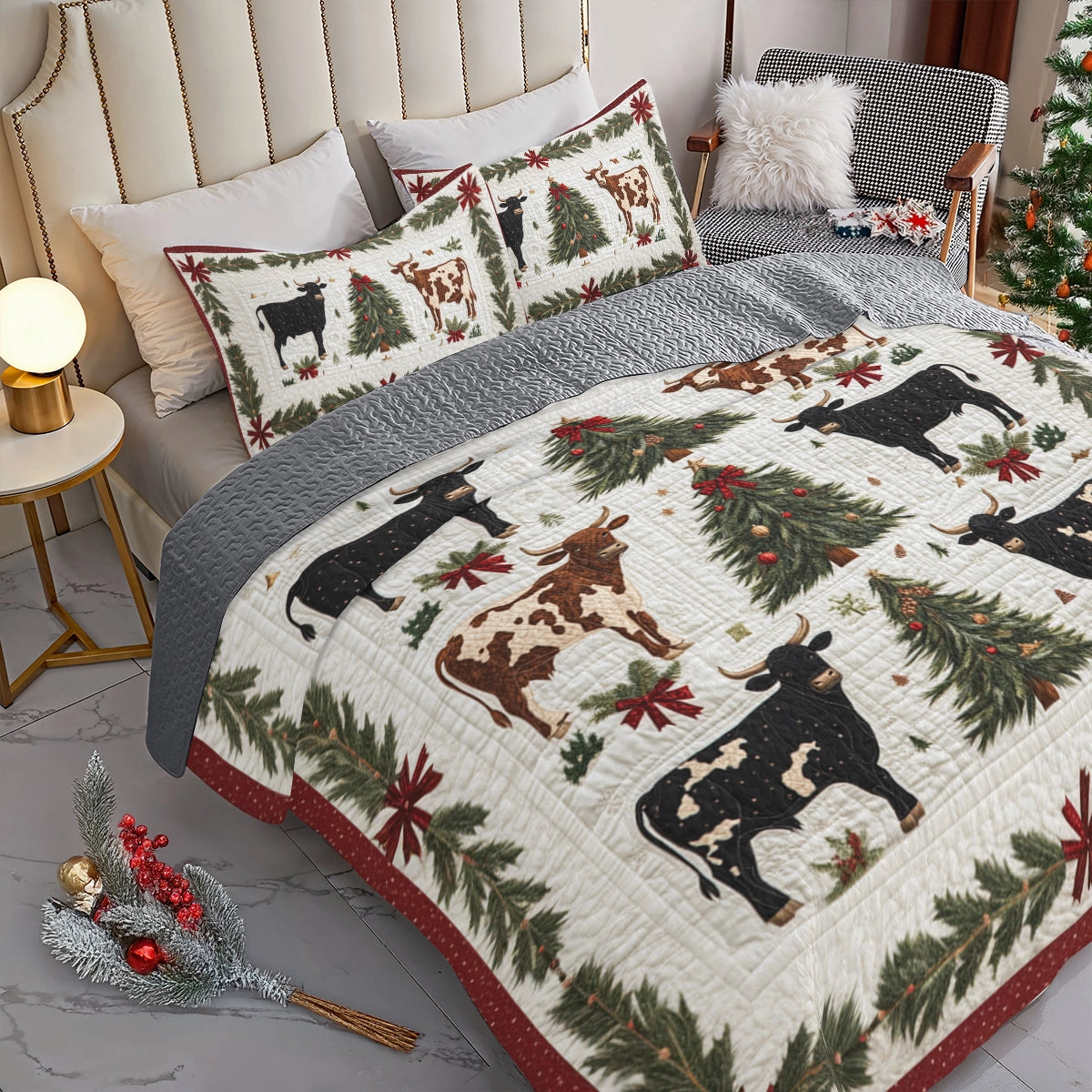 Shineful All Season Quilt 3-Piece Set Country Christmas Cattle