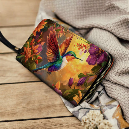 Shineful Leather Clutch Purse With Wristlet Strap Handle Hummingbird Blossom