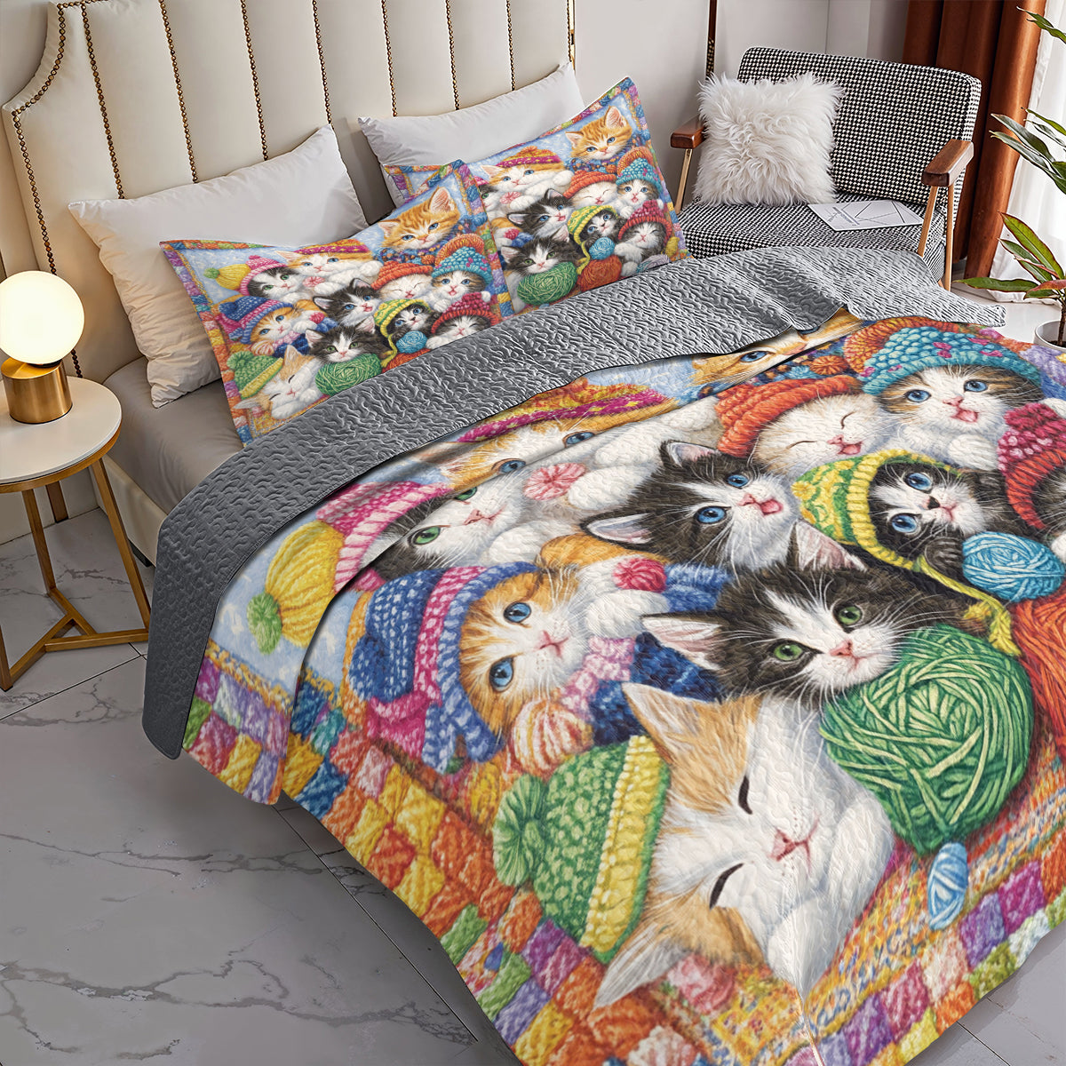 Shineful All Season Quilt 3-Piece Set Cozy Knitted Kittens