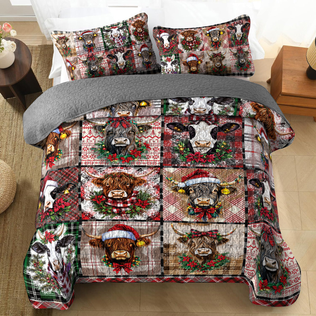 Shineful All Season Quilt 3-Piece Set - Merry Cattle Christmas Quilt