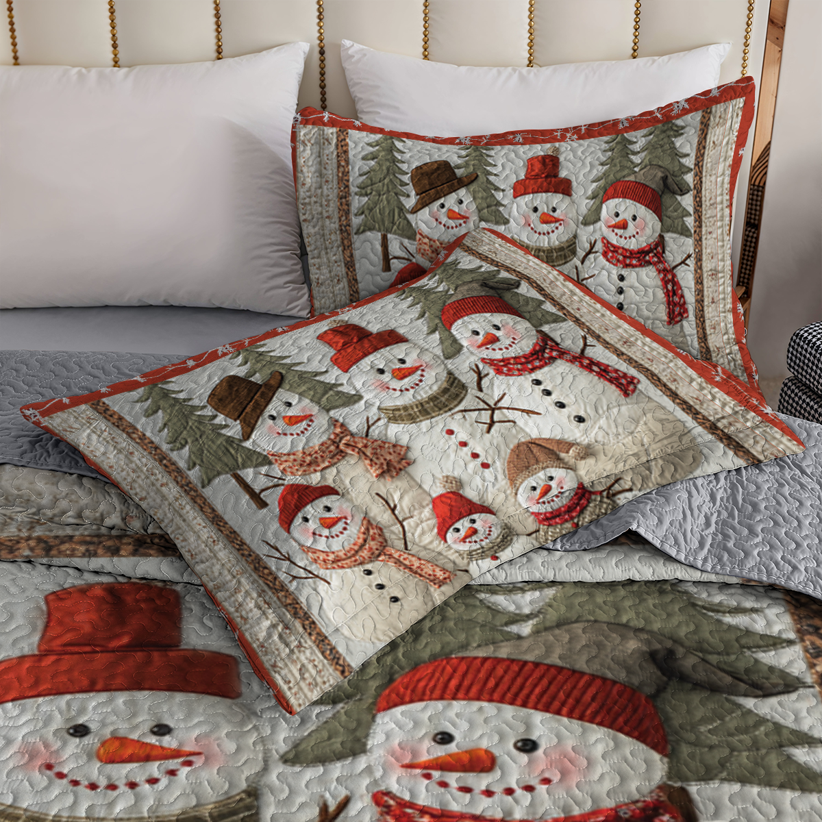 Shineful All Season Quilt 3-Piece Set - Flat Print Snowman Family