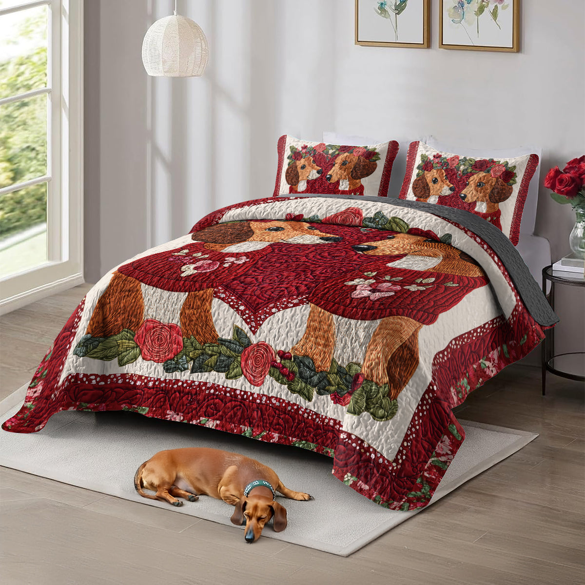 Shineful All Season Quilt 3-Piece Set Red Roses Dachshund Couple