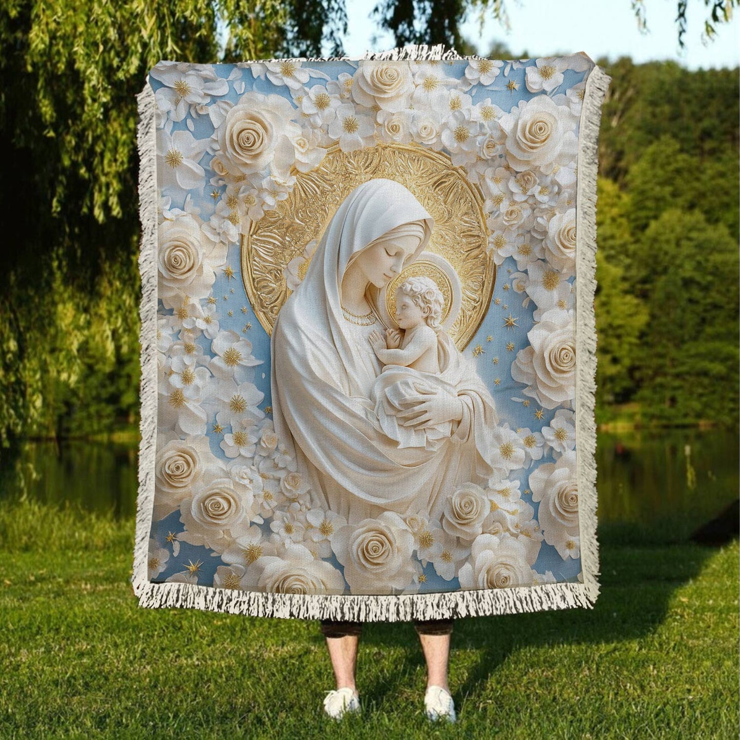 Shineful Woven Tapestry Throw Blanket Sacred Comfort Mother and Child