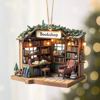 Shineful 2D Acrylic Ornament Cozy Christmas Bookshop Corner