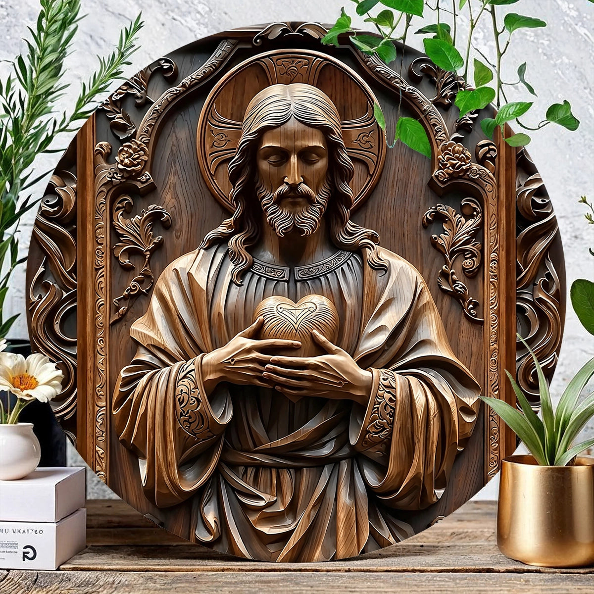 Shineful 2D Wooden Plaque, Hanging Decor, Door Sign Sacred Heart Reverence