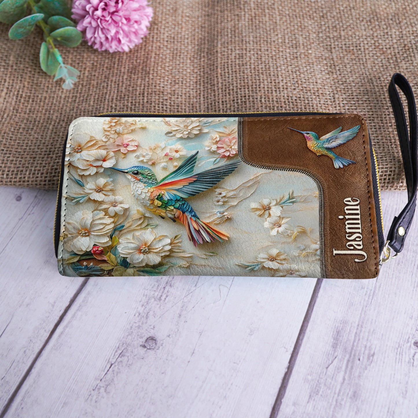 Shineful Leather Clutch Purse With Wristlet Strap Handle Personalized Wings of Bloom