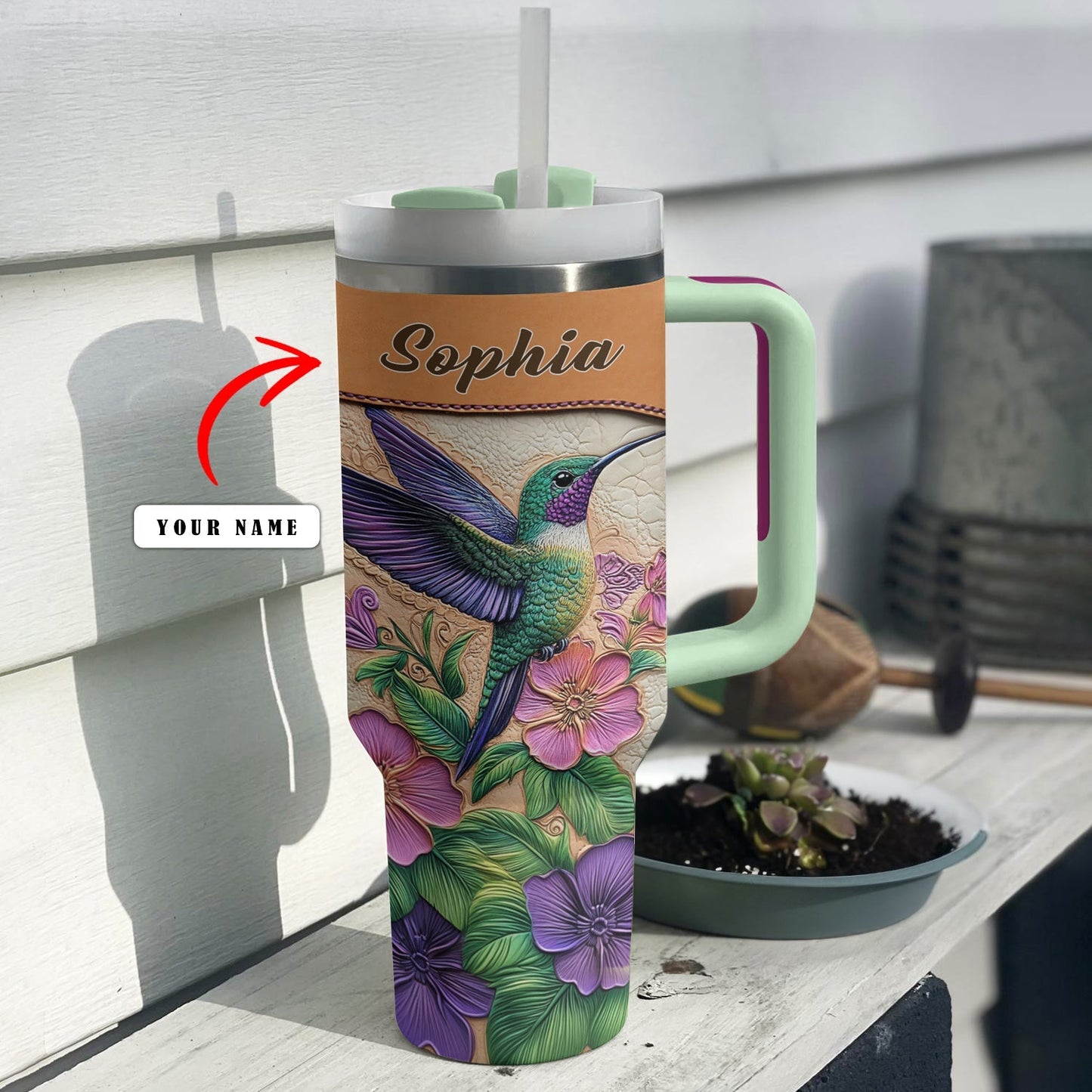 Shineful Personalized Tumbler Leather Floral Hummingbird