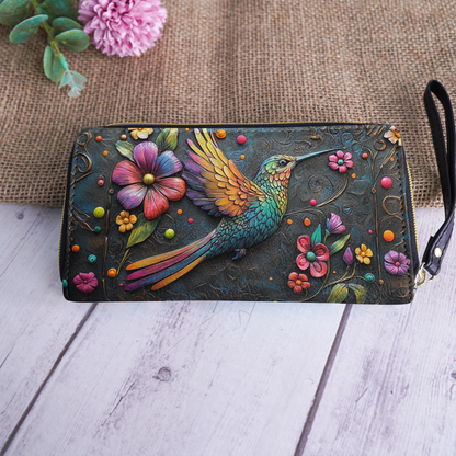 Shineful Leather Clutch Purse With Wristlet Strap Handle Hummingbird Gorgeous