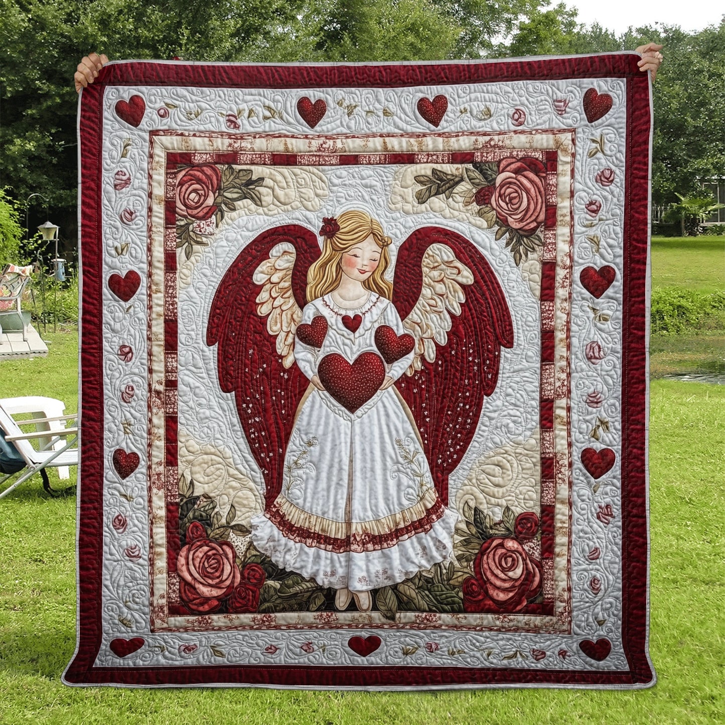 Shineful Flat Print Faux Quilt Blanket - Heavenly Angel of Love and Roses Quilt Design