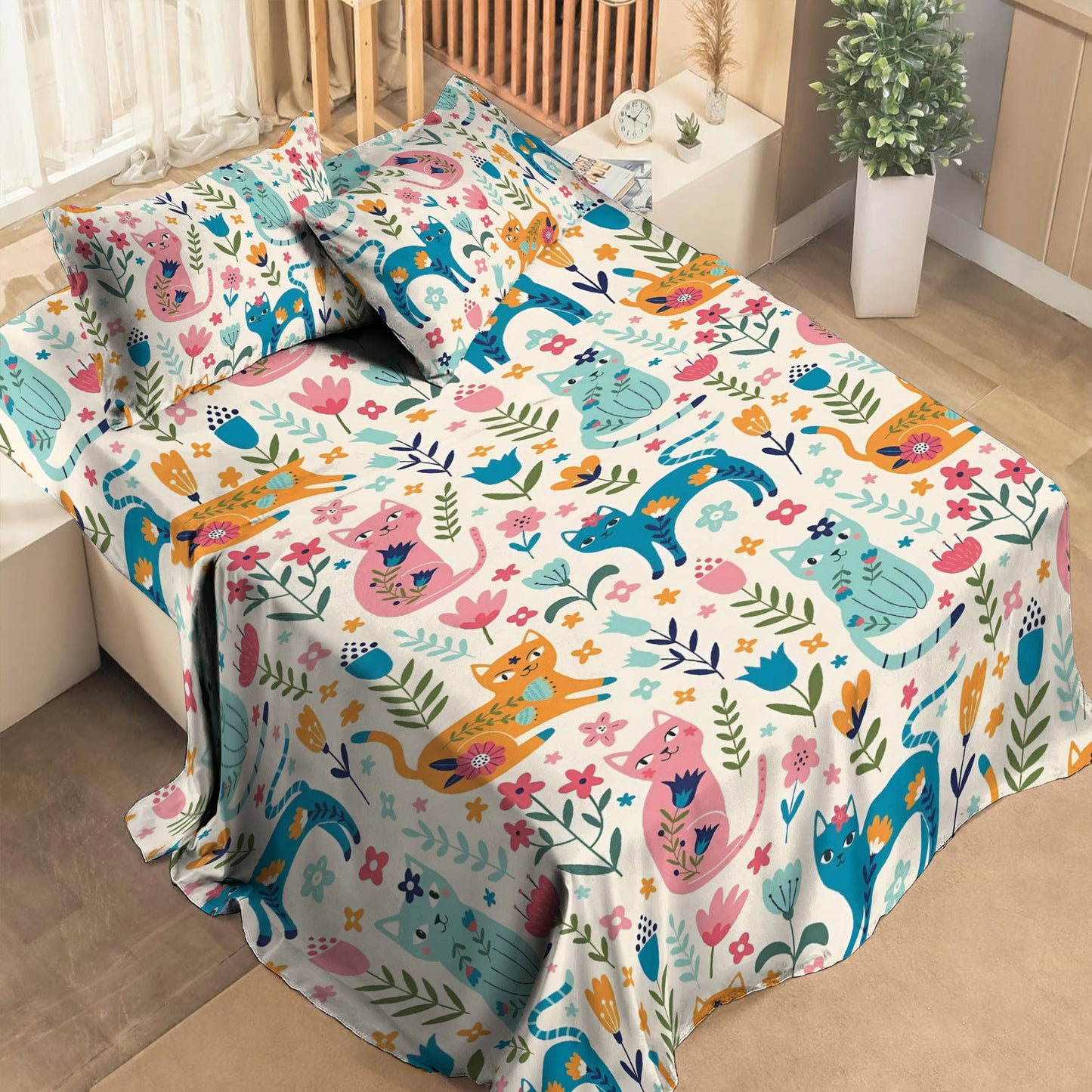 Shineful 4-Piece Bed Sheet Set Floral Cats