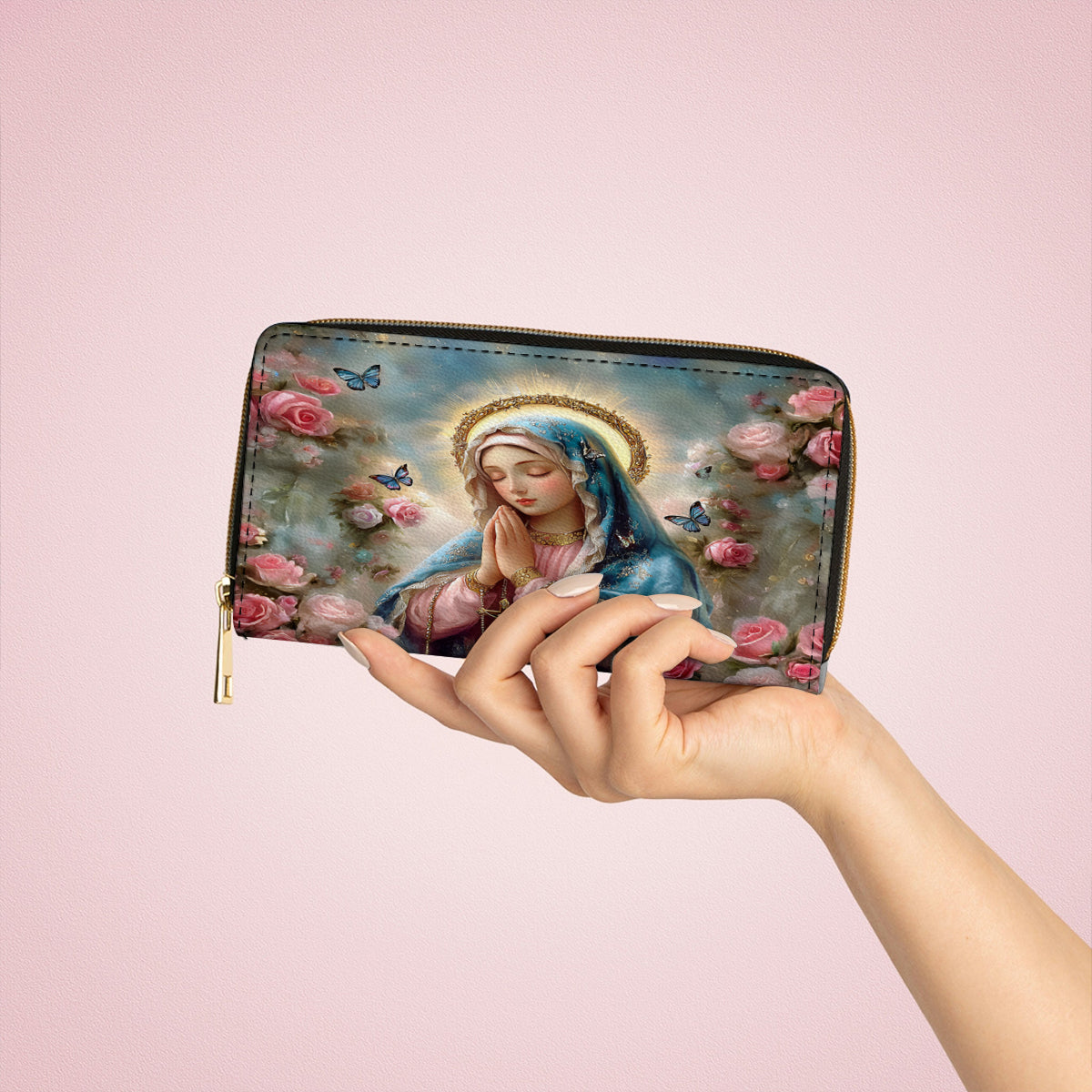 Pochette en cuir brillant avec dragonne et rosaire sacré