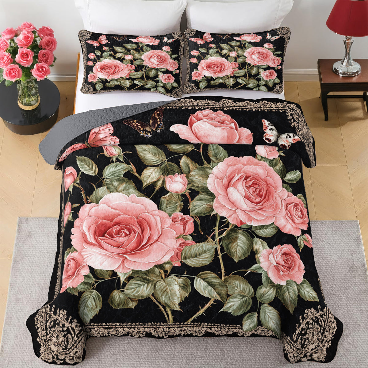 Shineful All Season Quilt 3-Piece Set Elegent Pink Roses And Butterflies