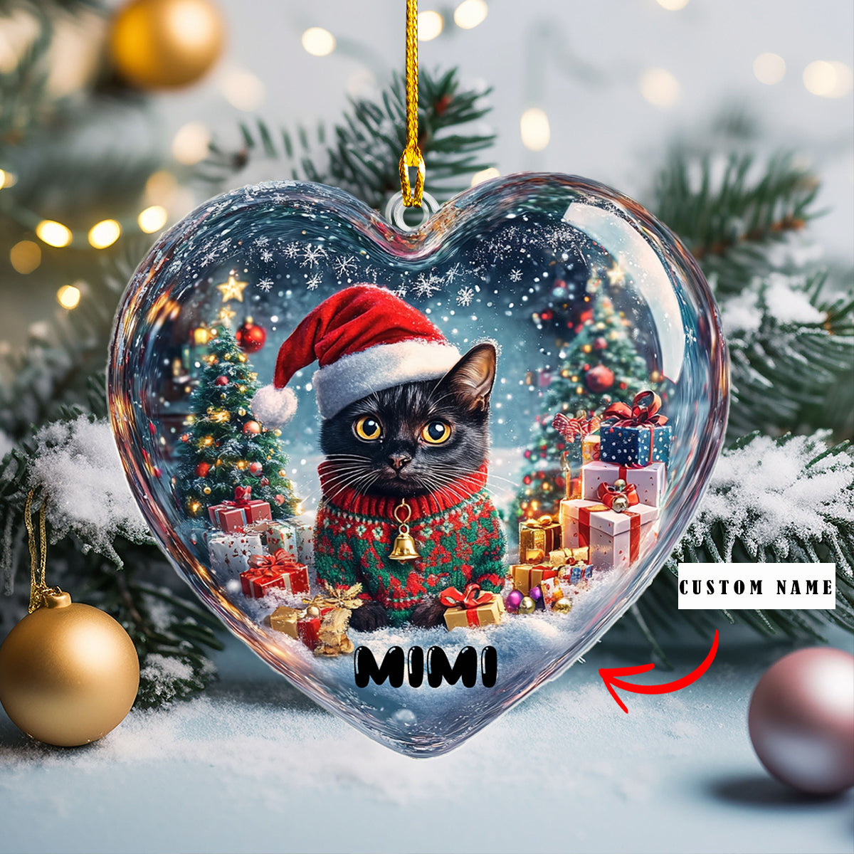 Ornement acrylique 2D brillant personnalisé Merry Catmas Heart