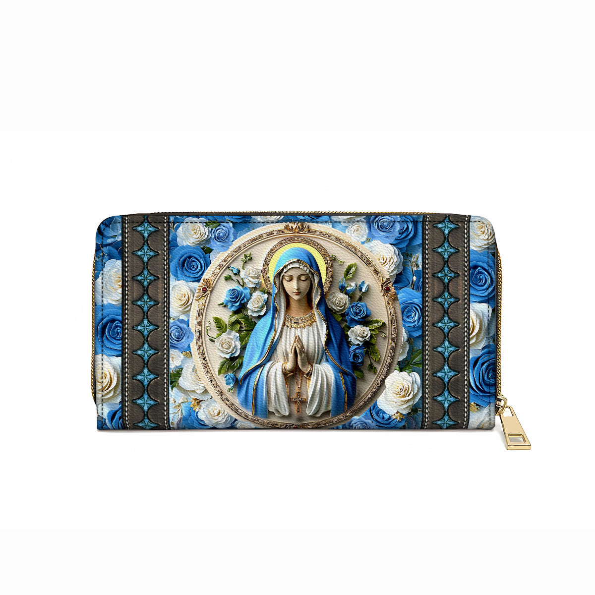 Shineful Leather Clutch Purse With Wristlet Strap Handle Peaceful Virgin Mary Roses