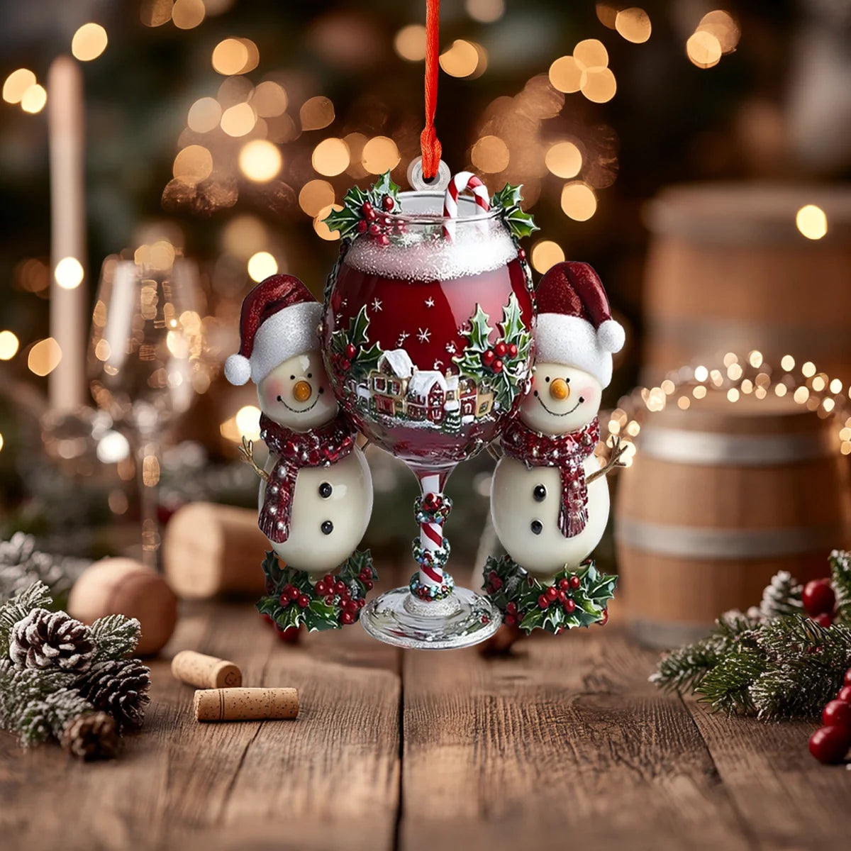 Shineful 2D Acrylic Ornament - Holiday Cheers Snowmen Wine Glass