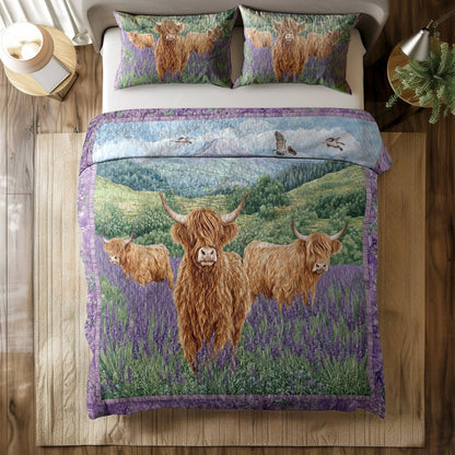 Shineful All Season Quilt 3-Piece Set - Highland Cows In Lavender Field