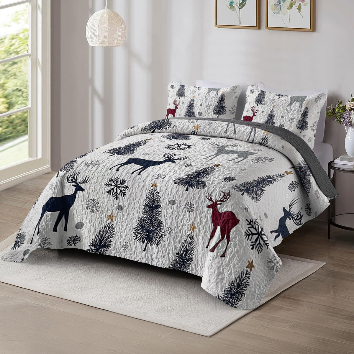 Shineful All Season Quilt 3-Piece Set Winter Wonderland Reindeer