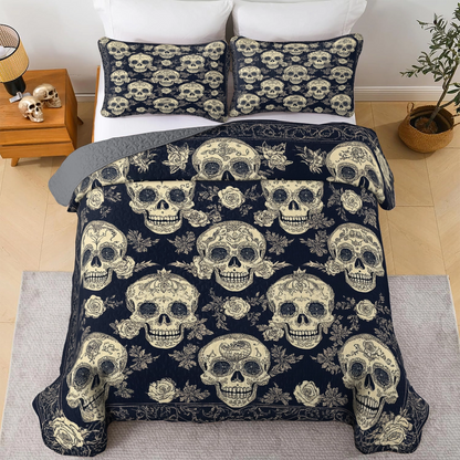 Shineful All Season Quilt 3-Piece Set - Midnight Skull and Roses