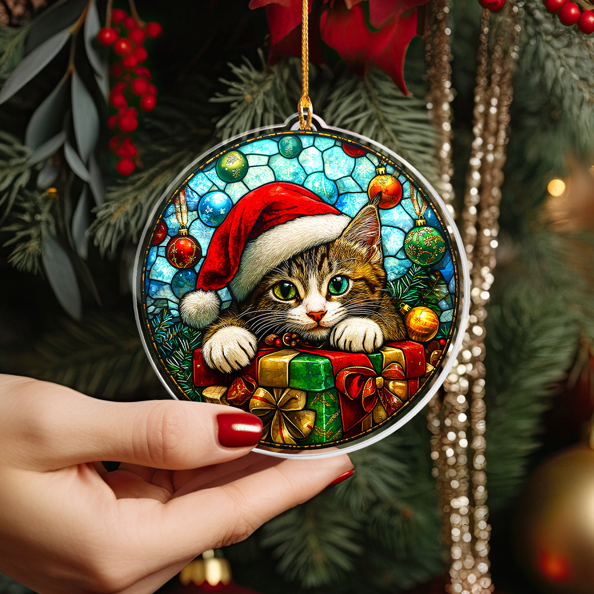 Shineful 2D Acrylic Ornament Cute Cat With Christmas Surprise