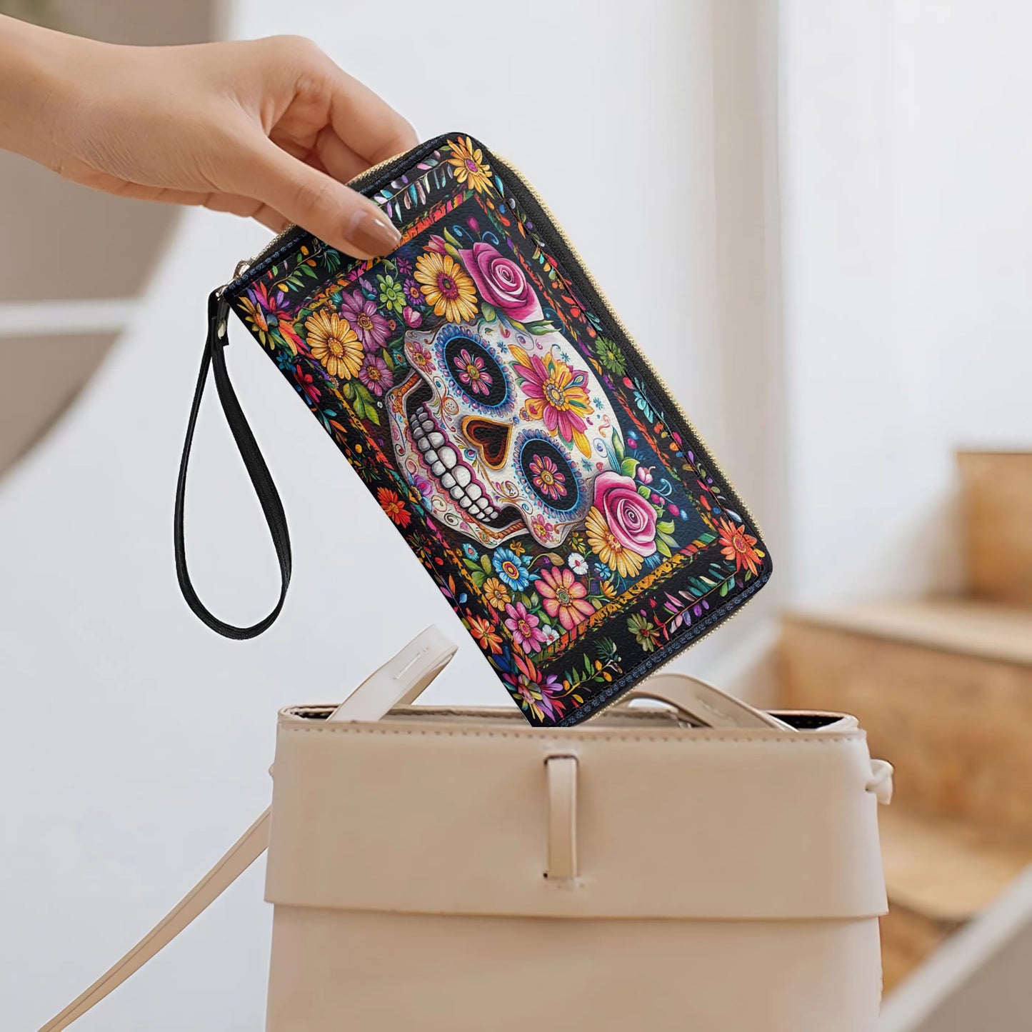 Shineful Leather Clutch Purse With Wristlet Strap Handle Calavera Floral Dreams