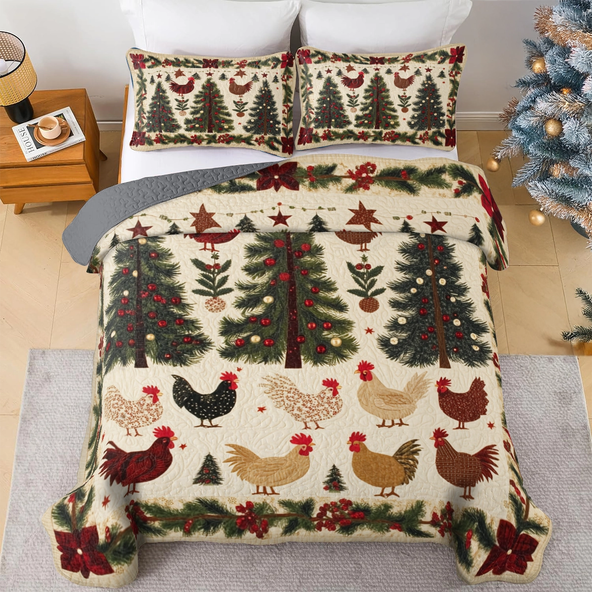 Shineful All Season Quilt 3-Piece Set Festive Rooster Farmyard