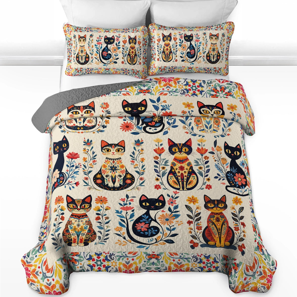 Shineful All Season Quilt 3-Piece Set - Purr-fectly Floral Cat