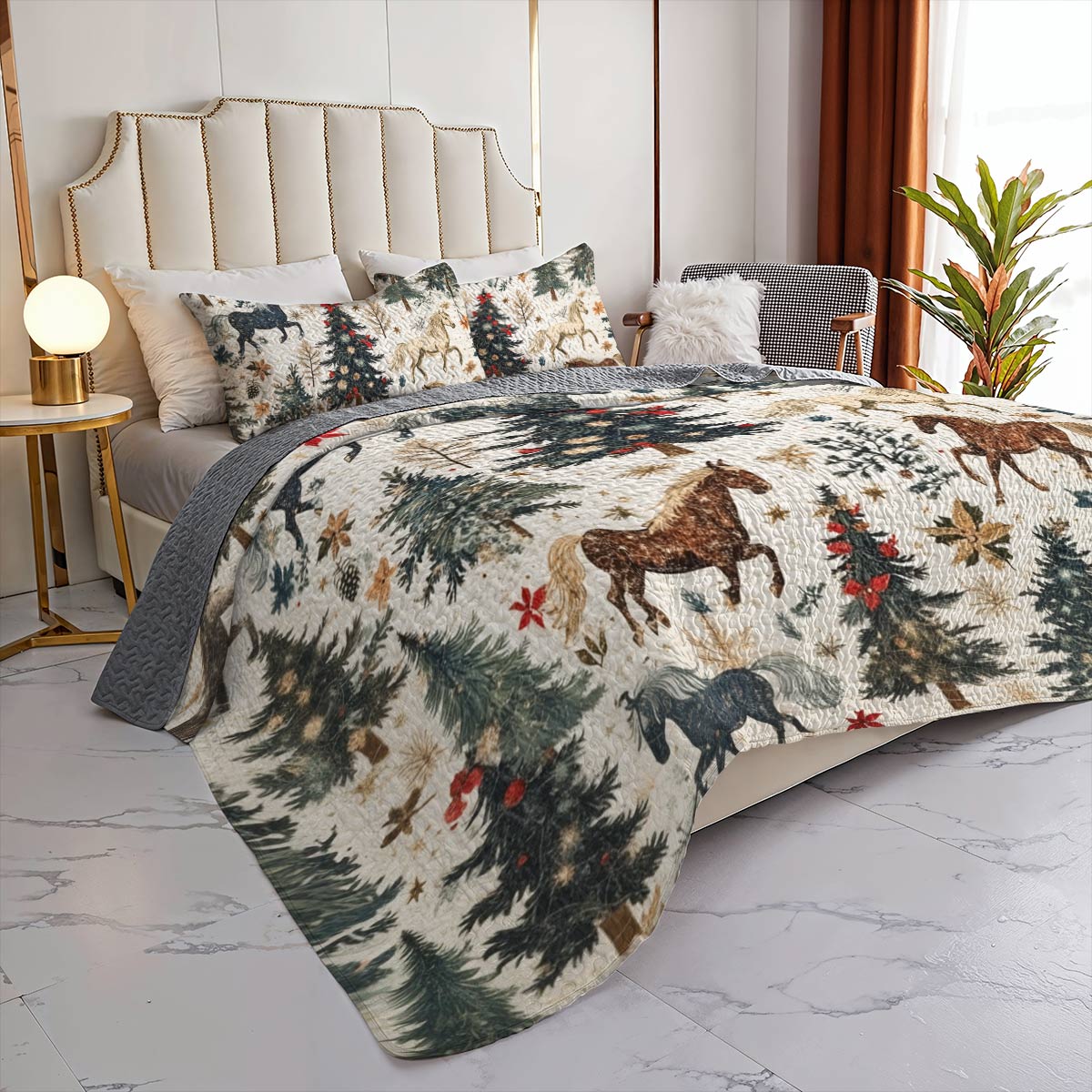 Shineful All Season Quilt 3-Piece Set Merry Christmas Gentle Horses