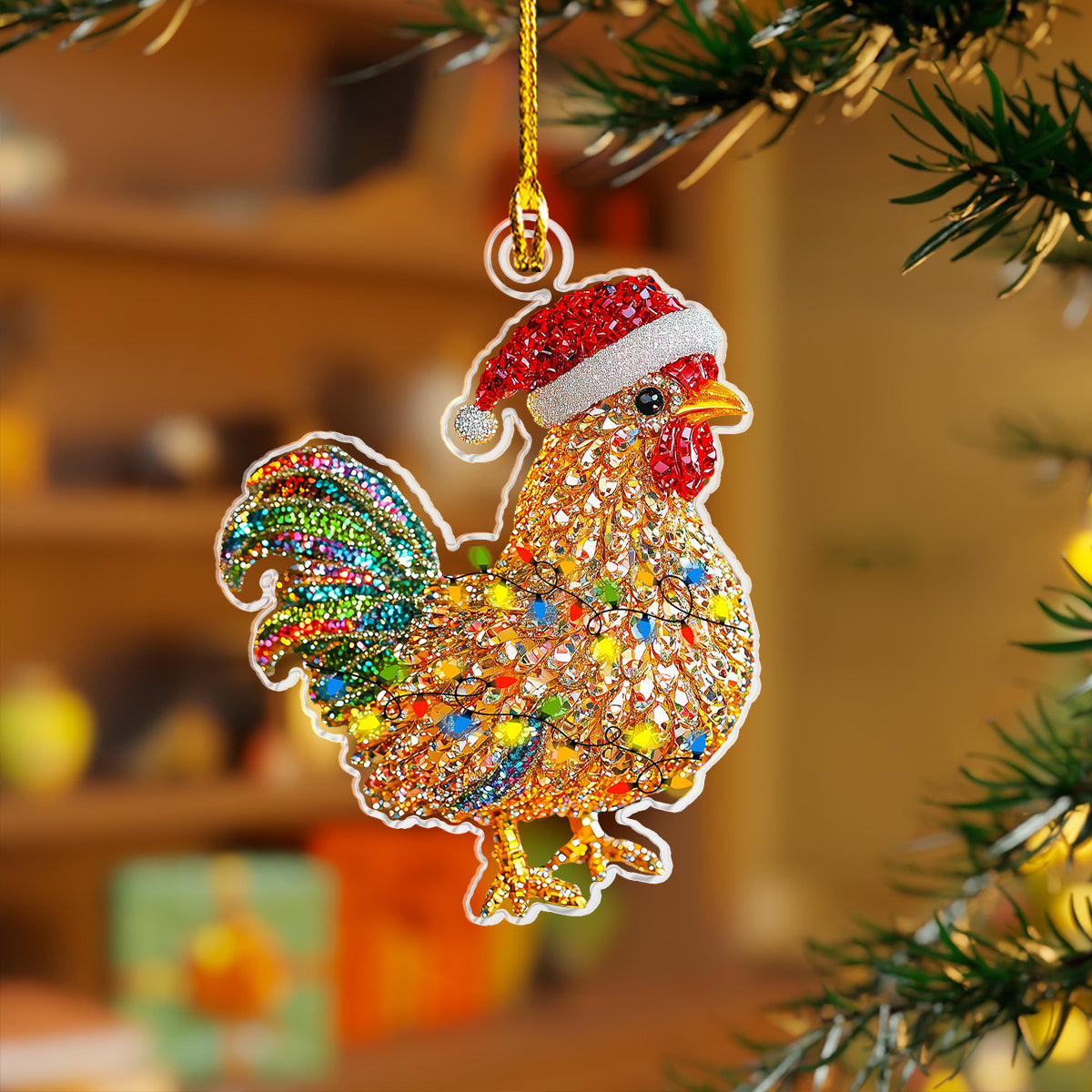 Ornement en acrylique 2D brillant Collection de poulets de Noël scintillants 