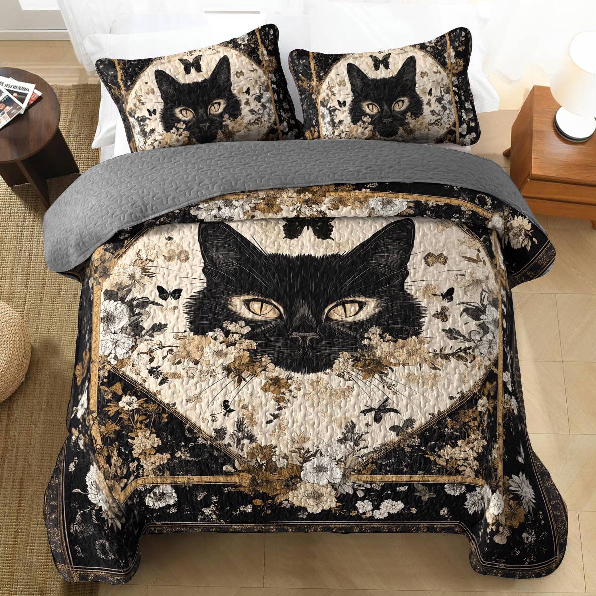 Shineful All Season Quilt 3-Piece Set - Mystical Black Cat