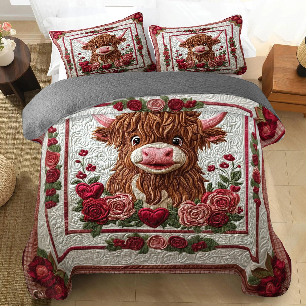 Shineful All Season Quilt 3-teiliges Set Cozy Valentine's Highland Cow