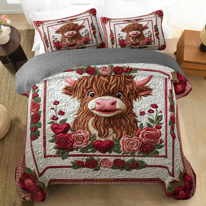 Shineful All Season Quilt 3-Piece Set Cozy Valentine’s Highland Cow