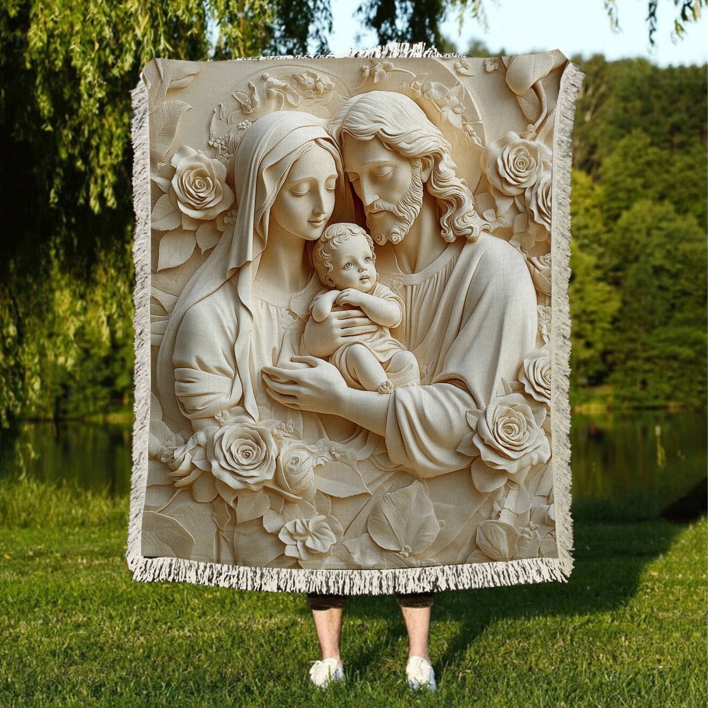 Shineful Woven Tapestry Throw Blanket Holy Family Rose