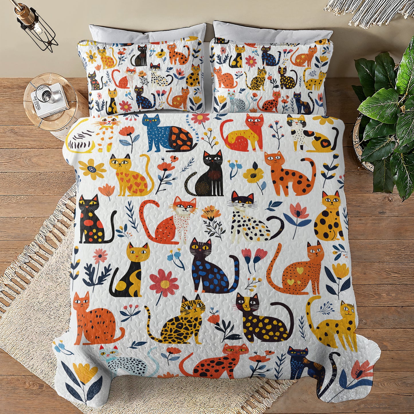 Shineful All Season Quilt 3-Piece Set - Purrfectly Feline With Floral