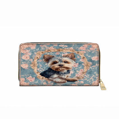 Shineful Leather Clutch Purse With Wristlet Strap Handle Yorkie Blossom Elegance