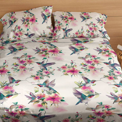 Shineful 4-Piece Bed Sheet Set Floral Hummingbirds