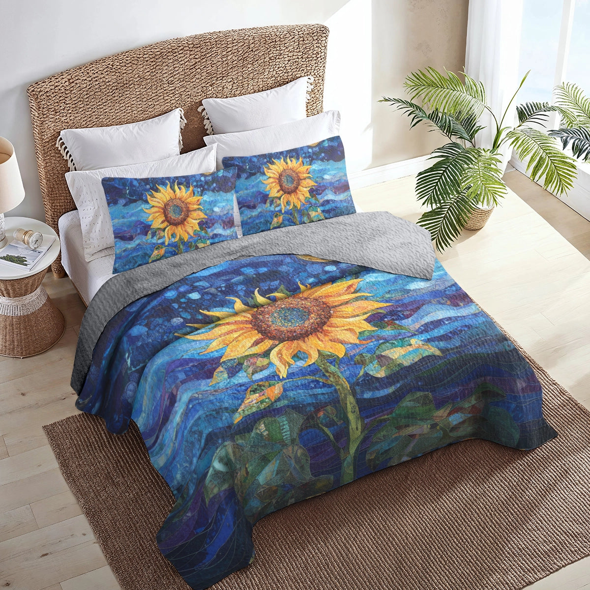 Shineful All Season Quilt 3-Piece Set Beautiful Starry Sunflower Night