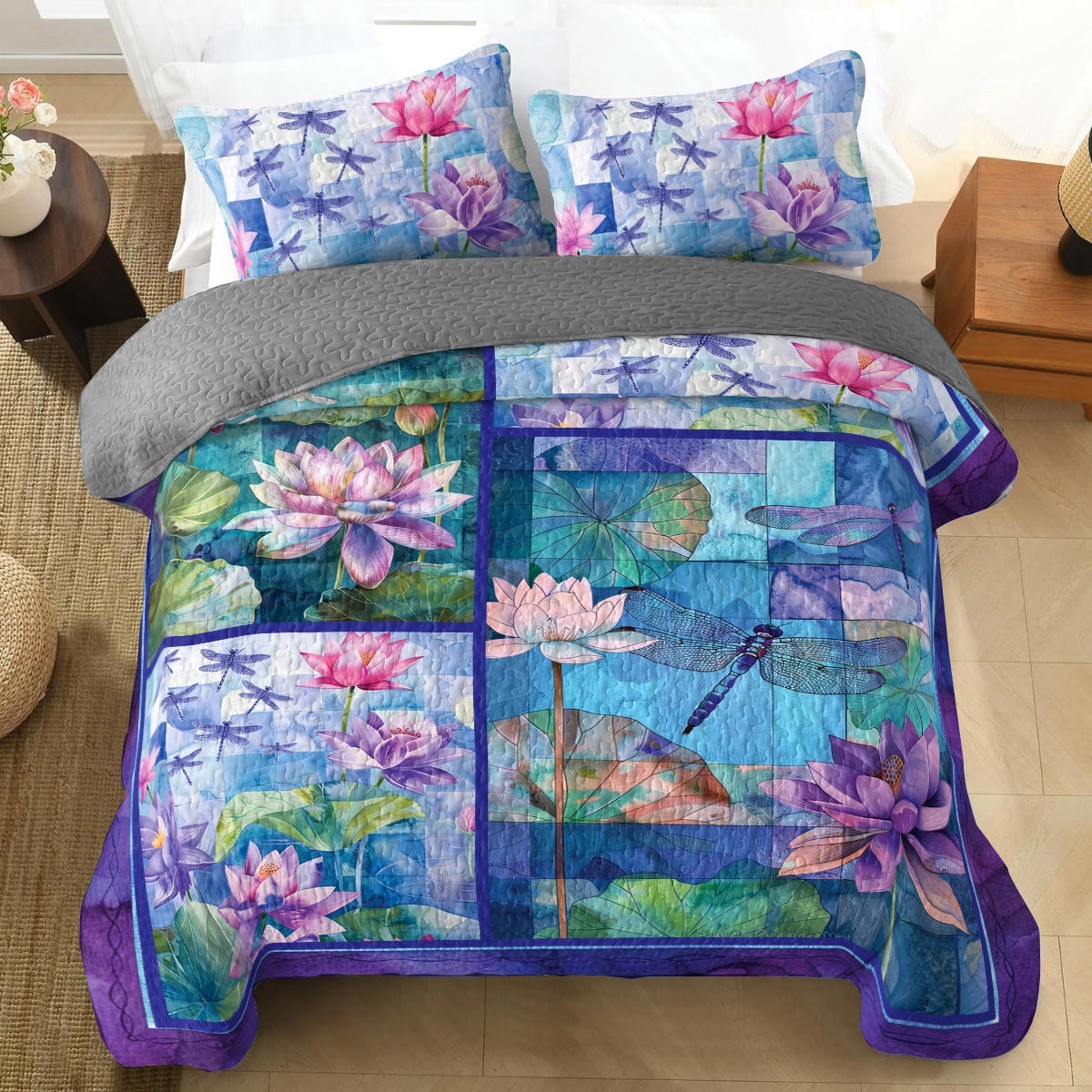 Shineful All Season Quilt 3-Piece Set Lily Dragonfly Harmony