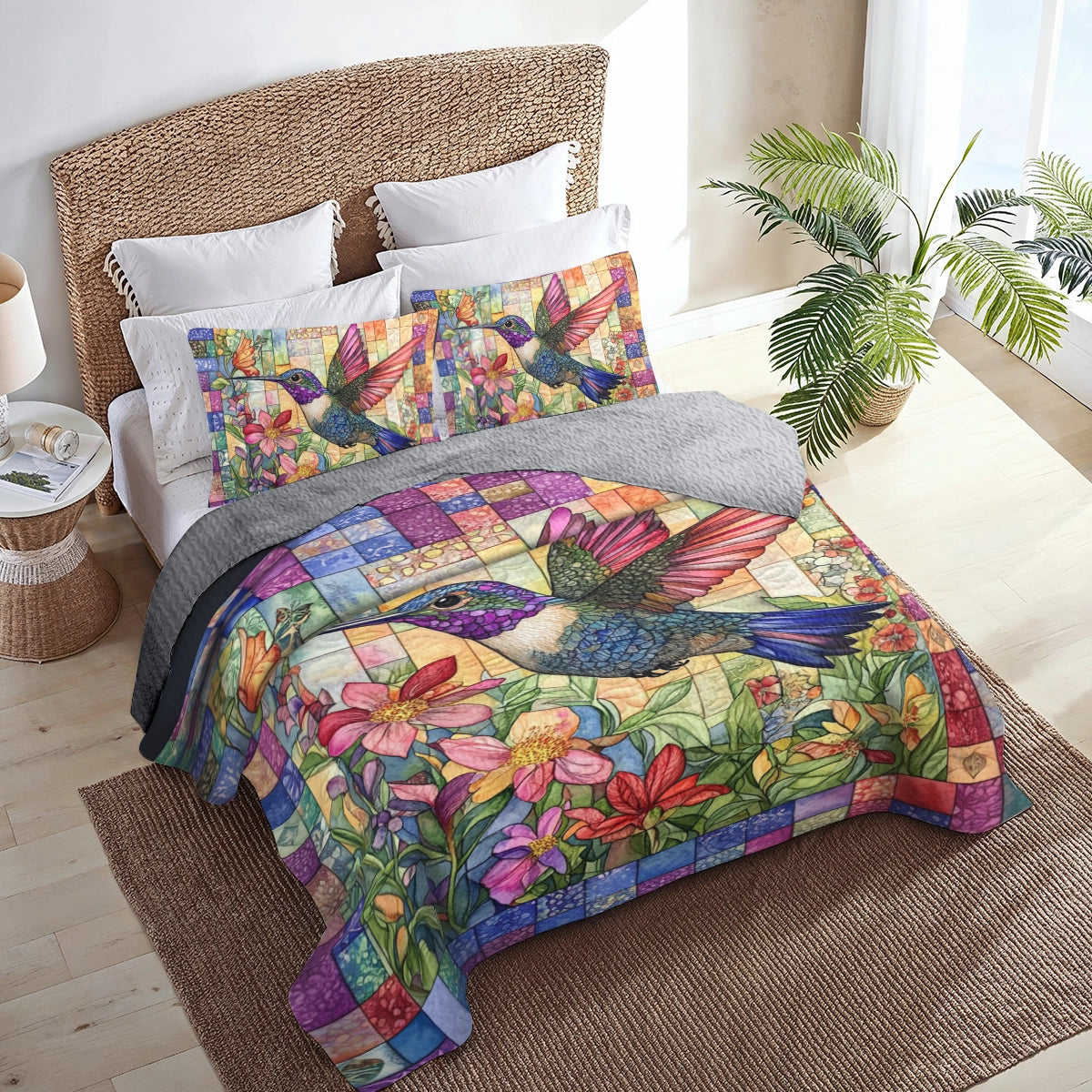 Shineful All Season Quilt 3-Piece Set Vibrant Hummingbird Garden