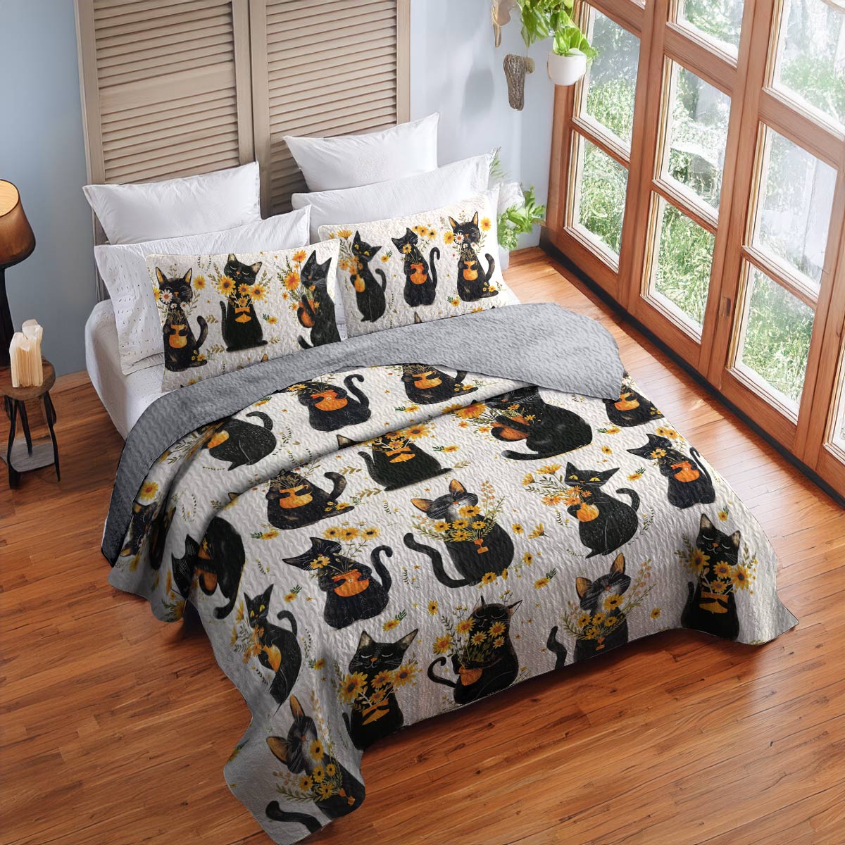 Shineful All Season Quilt 3-Piece Set Cat And Yellow Flower