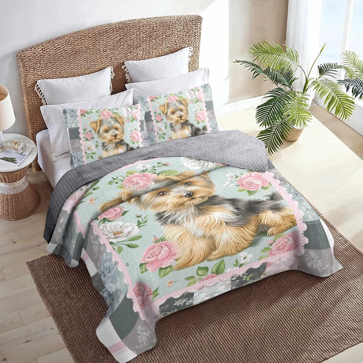 Ensemble de courtepointe toutes saisons Shineful 3 pièces Patchwork Rose Yorkie 