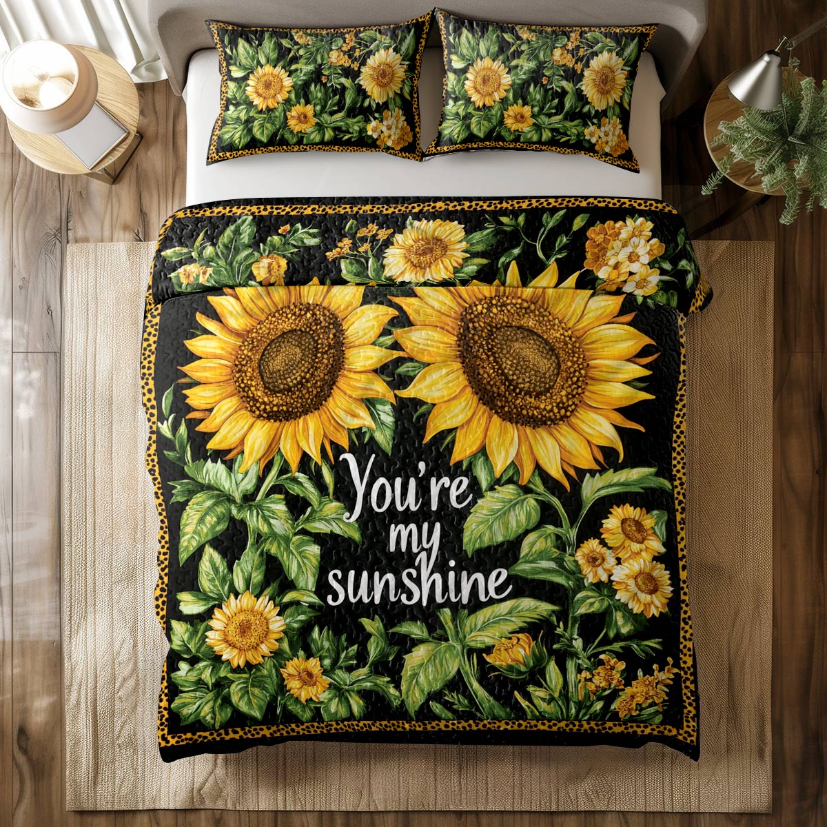 Shineful All Season Quilt 3-Piece Set Sunflower Quote