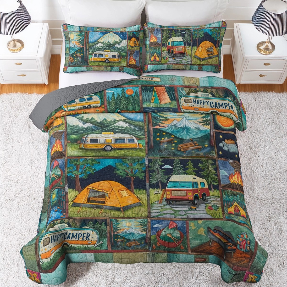 Shineful All Season Quilt 3-Piece Set Camping Happy Camper