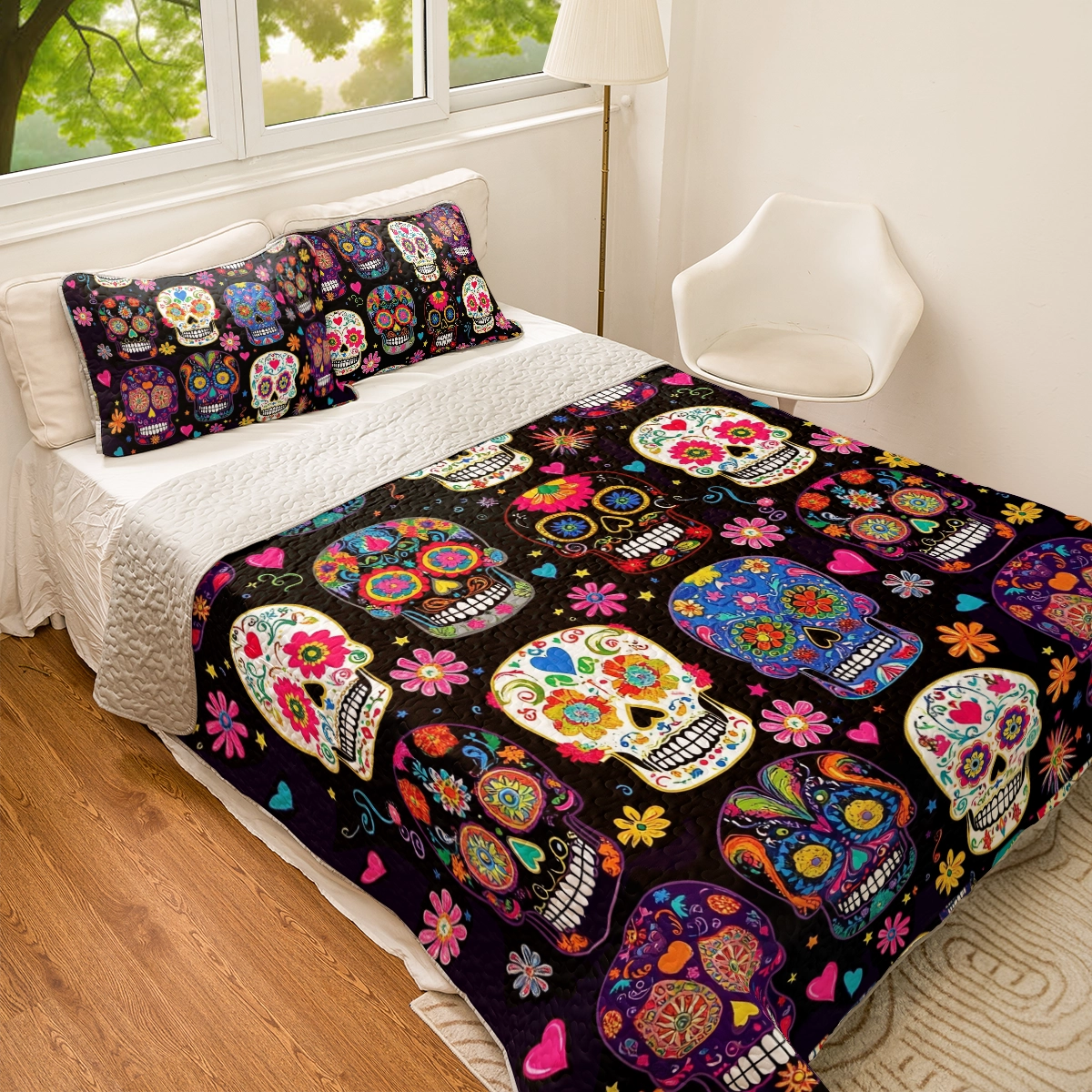 Shineful All Season Quilt 3-Piece Set Colorful Calaveras Skull