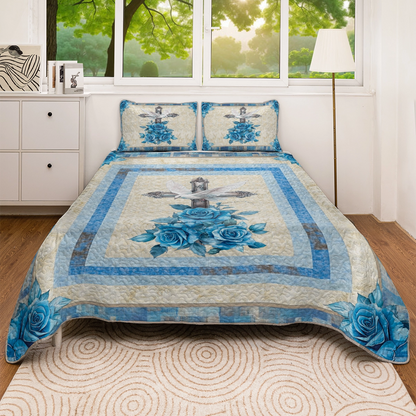 Shineful All Season Quilt 3-Piece Set - God Blue Rose Faith