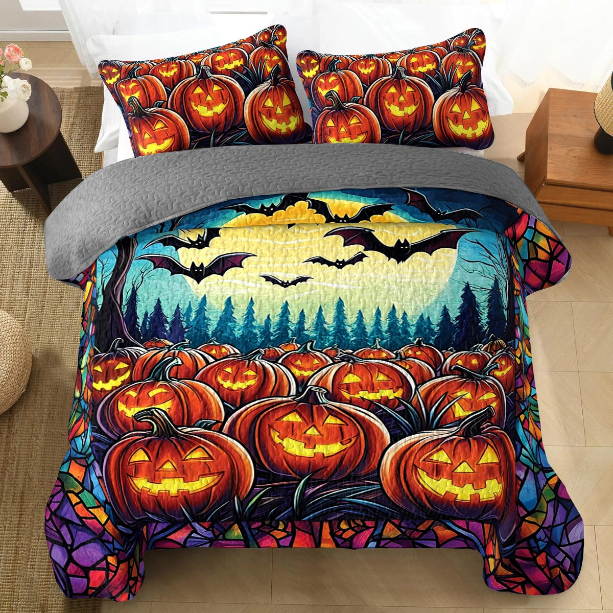 Shineful All Season Quilt 3-Piece Set - Halloween Pumpkin Patch