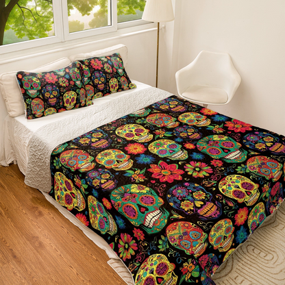 Shineful All Season Quilt 3-Piece Set Vibrant Calaveras Skull