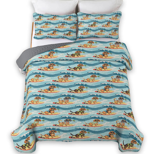 Shineful All Season Quilt 3-Piece Set Dachshund Surfing