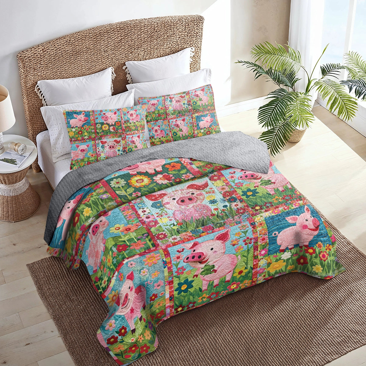 Shineful All Season Quilt 3-Piece Set Piggy Paradise Floral