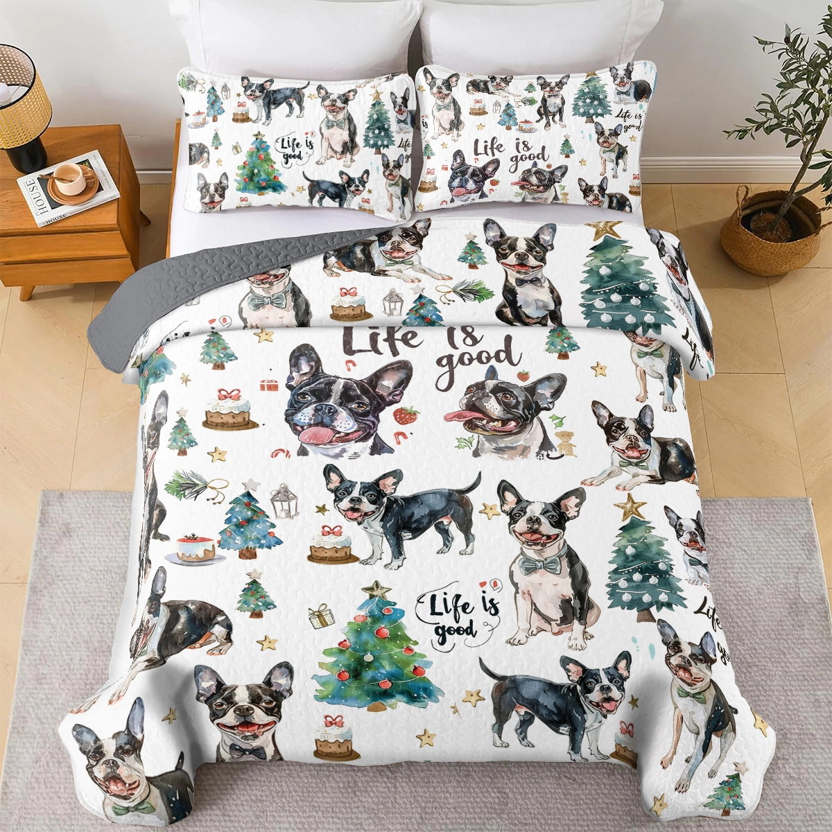 Shineful All Season Quilt 3-teiliges Set Boston Terrier Holiday Hound